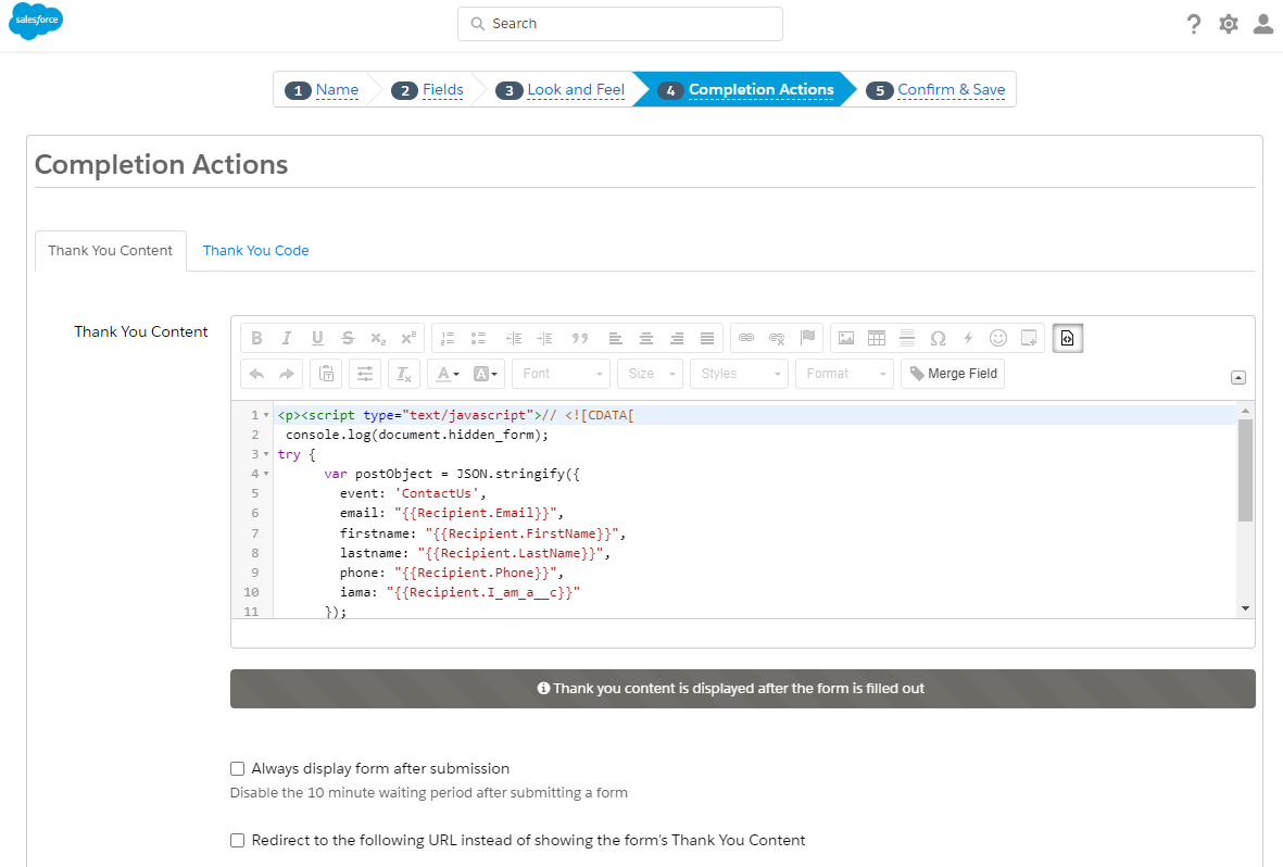 Pardot Form Completion Actions screenshot